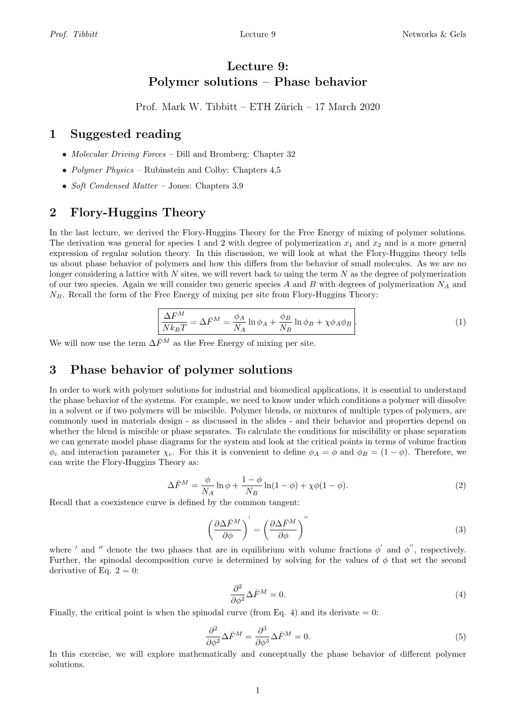 Lecture 9: Polymer Solutions – Phase Behavior