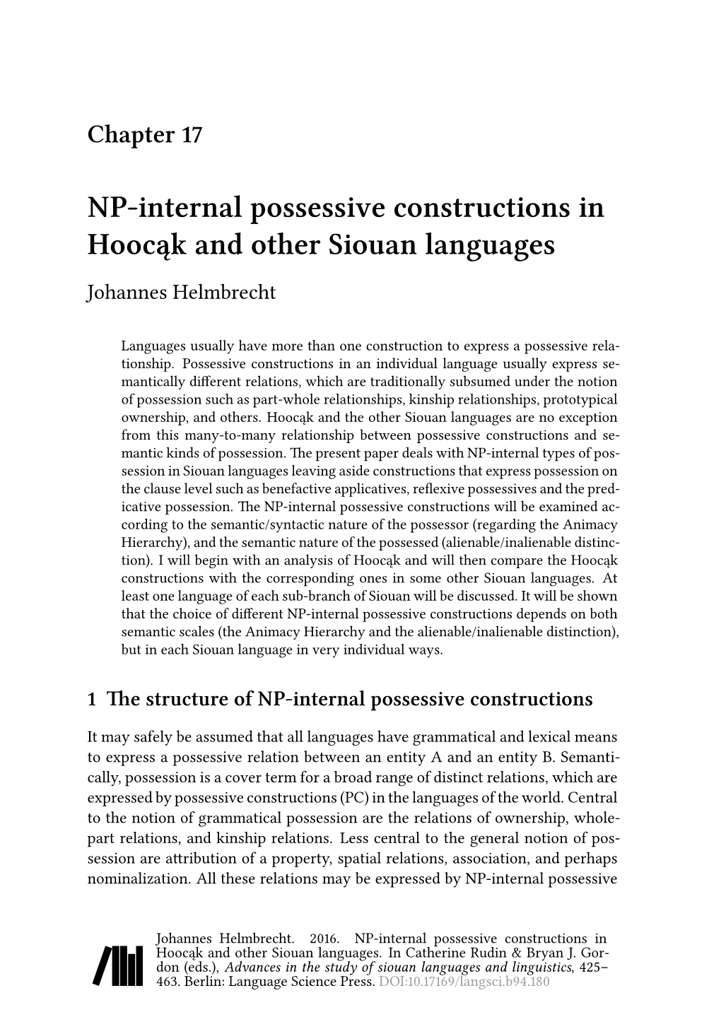 NP-Internal Possessive Constructions in Hoocąk and Other Siouan Languages Johannes Helmbrecht