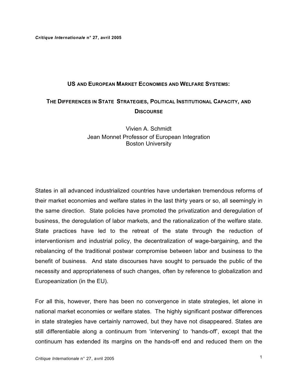 Us and European Market Economies and Welfare Systems : The