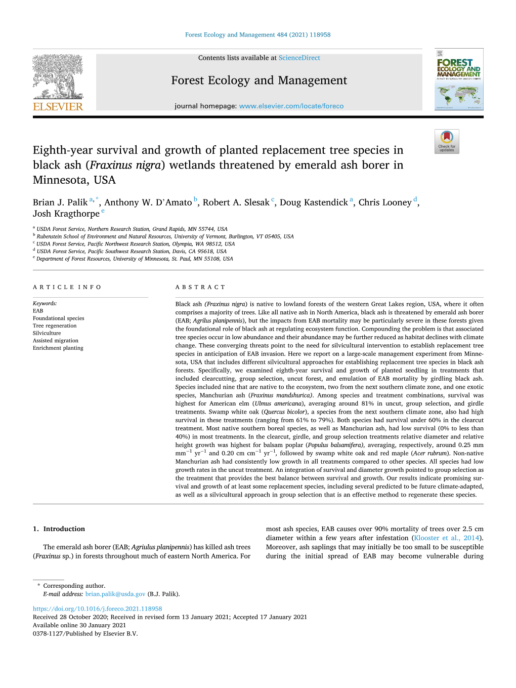Eighth-Year Survival and Growth of Planted Replacement Tree Species in Black Ash ( Fraxinus Nigra ) Wetlands Threatened by Emera