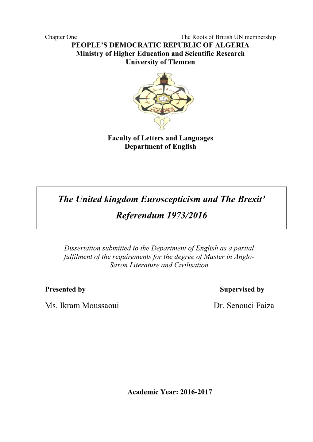 The United Kingdom Euroscepticism and the Brexit' Referendum 1973