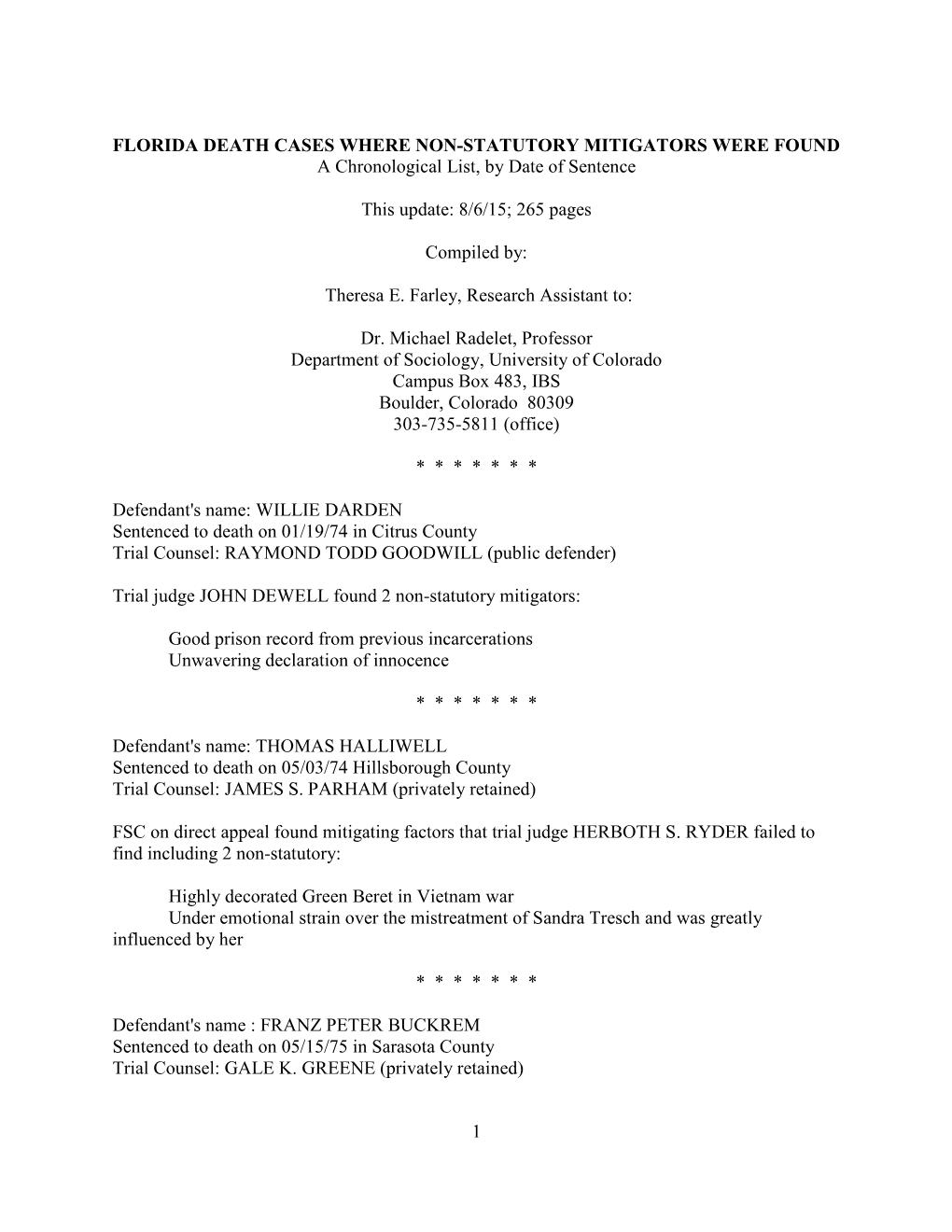 FLORIDA DEATH CASES WHERE NON-STATUTORY MITIGATORS WERE FOUND a Chronological List, by Date of Sentence