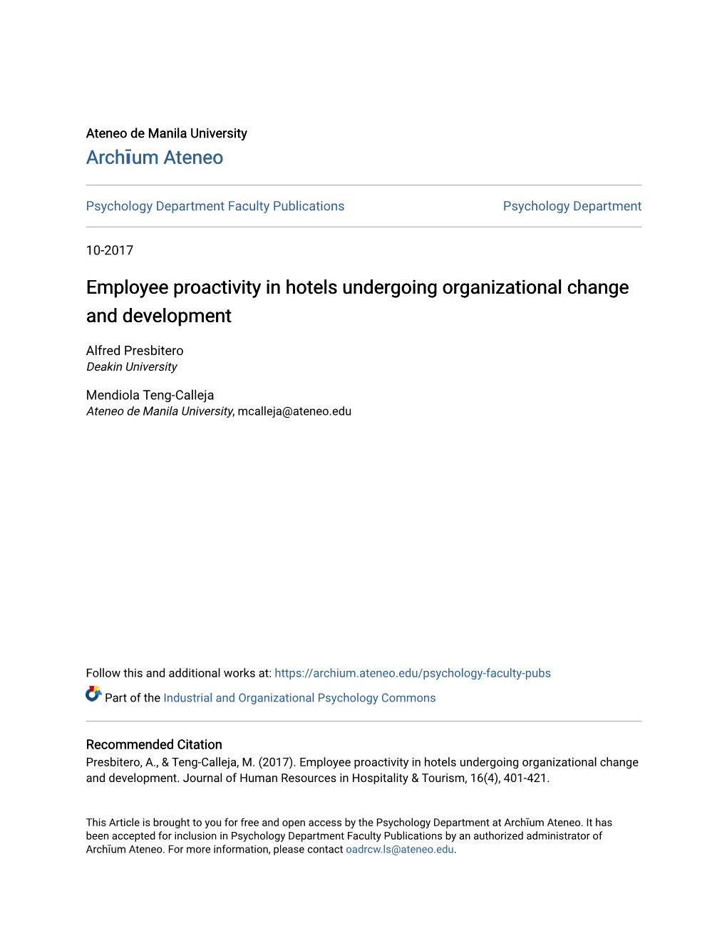 Employee Proactivity in Hotels Undergoing Organizational Change and Development