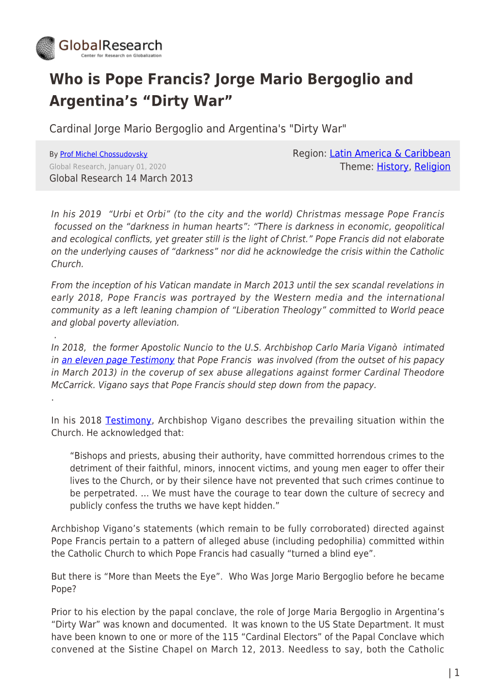 Who Is Pope Francis? Jorge Mario Bergoglio and Argentina’S “Dirty War”