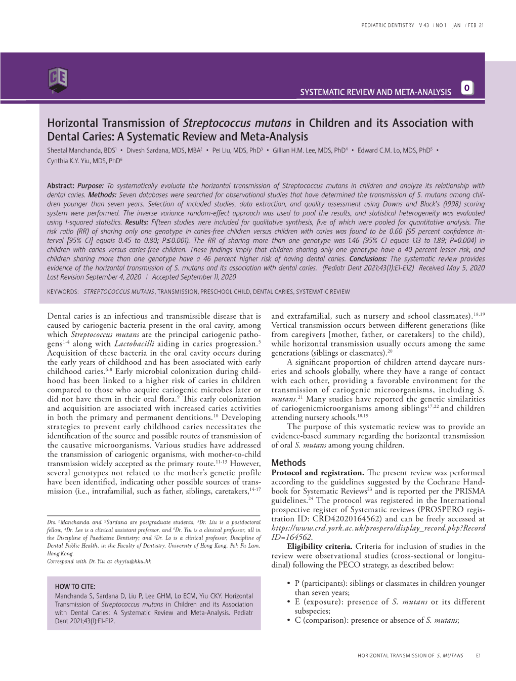 Horizontal Transmission of Streptococcus Mutans in Children and Its Association with Dental Caries: a Systematic Review and Meta