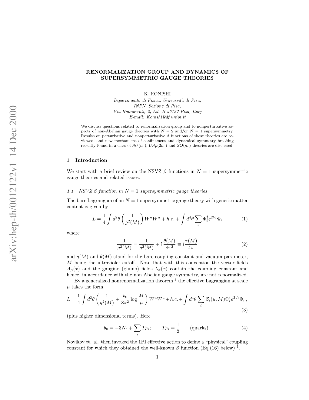 Renormalization Group and Dynamics of Supersymmetric Gauge Theories