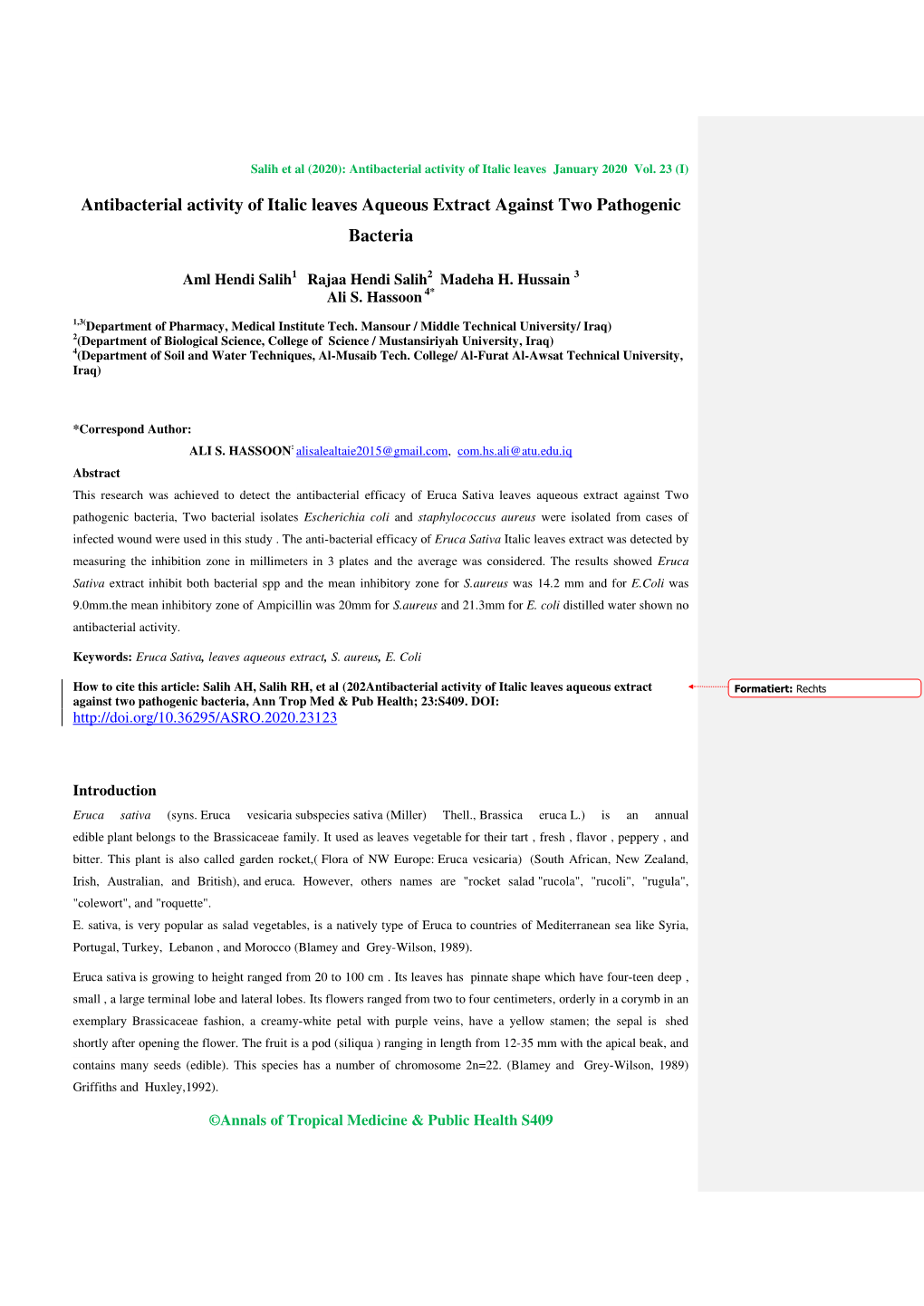 Antibacterial Activity of Italic Leaves Aqueous Extract Against Two Pathogenic Bacteria