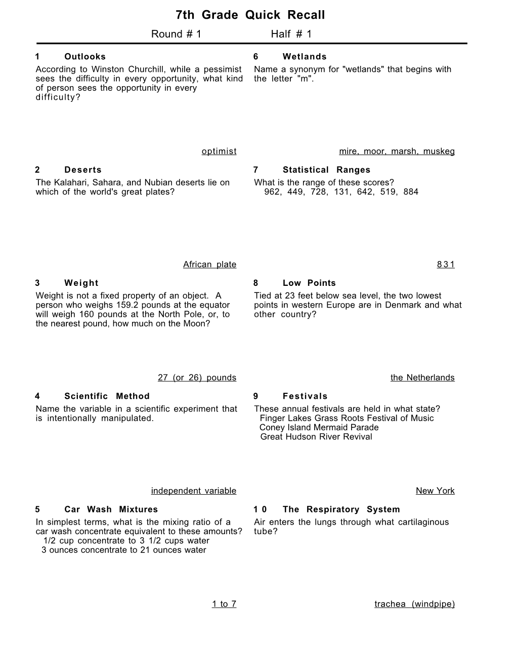 7Th Grade Quick Recall Round # 1 Half # 1