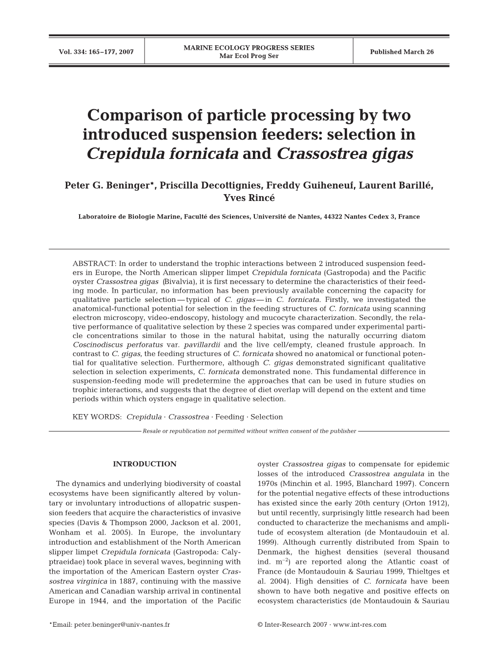 Comparison of Particle Processing by Two Introduced Suspension Feeders: Selection in Crepidula Fornicata and Crassostrea Gigas