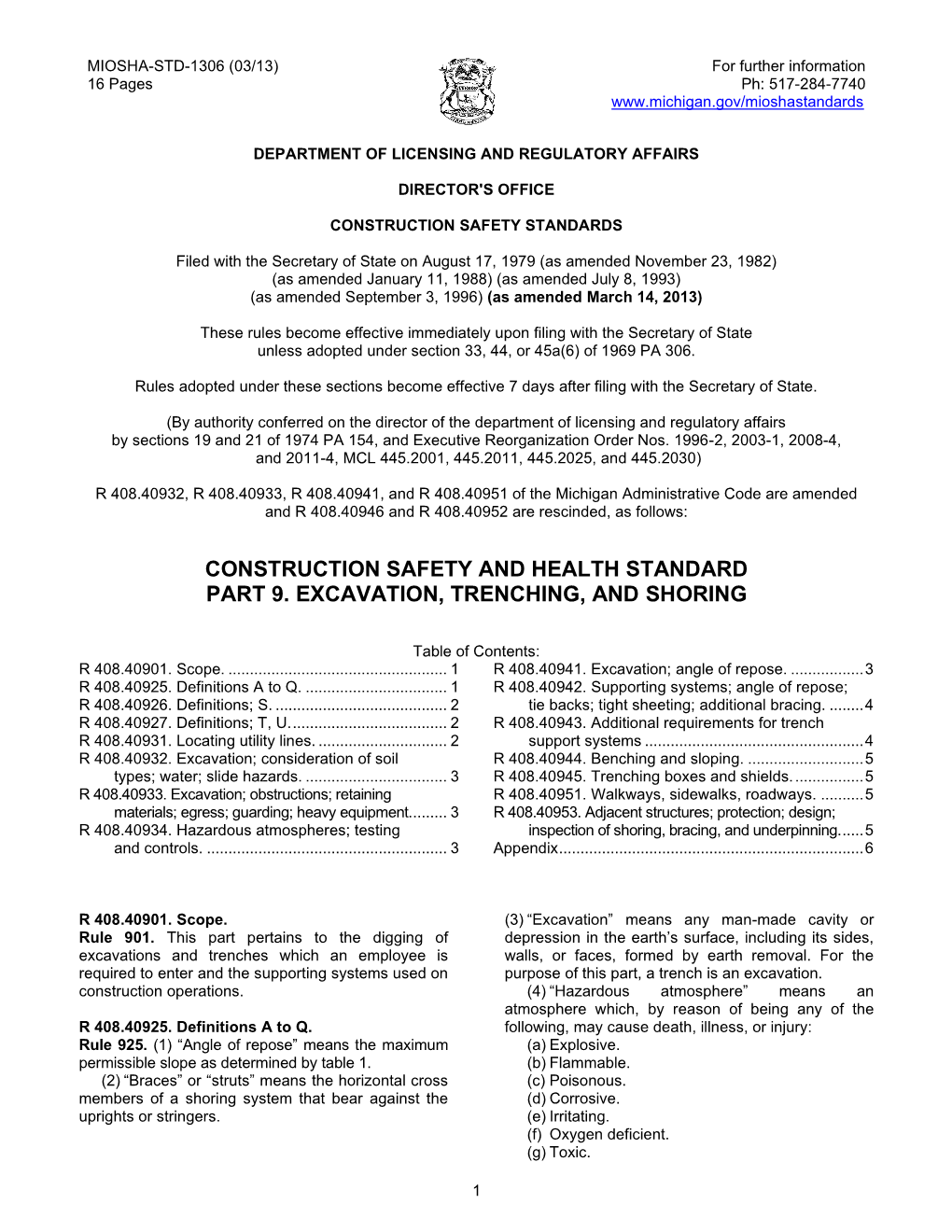 Construction Safety and Health Standard Part 9. Excavation, Trenching, and Shoring