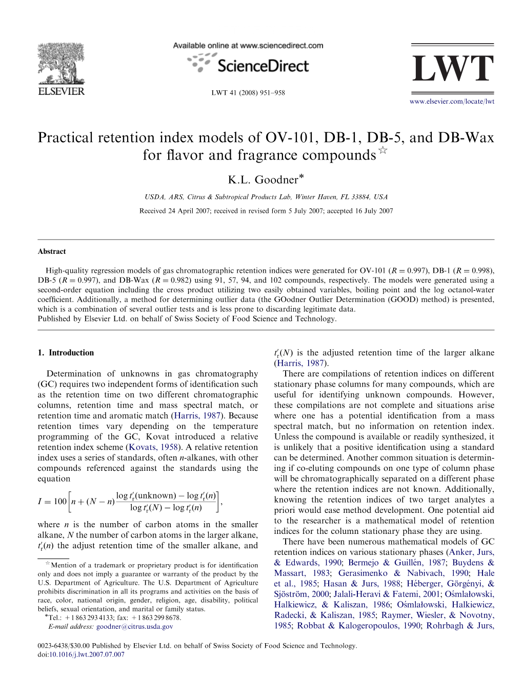 Practical Retention Index Models of OV-101, DB-1, DB-5, and DB-Wax for ﬂavor and Fragrance Compounds$