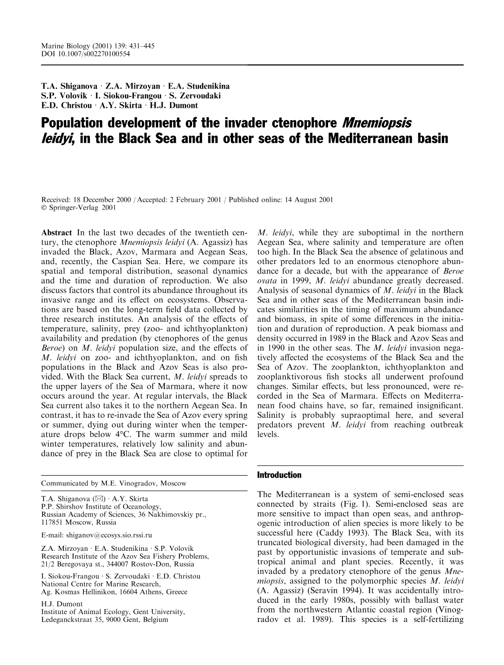 Population Development of the Invader Ctenophore Mnemiopsis Leidyi, in the Black Sea and in Other Seas of the Mediterranean Basin