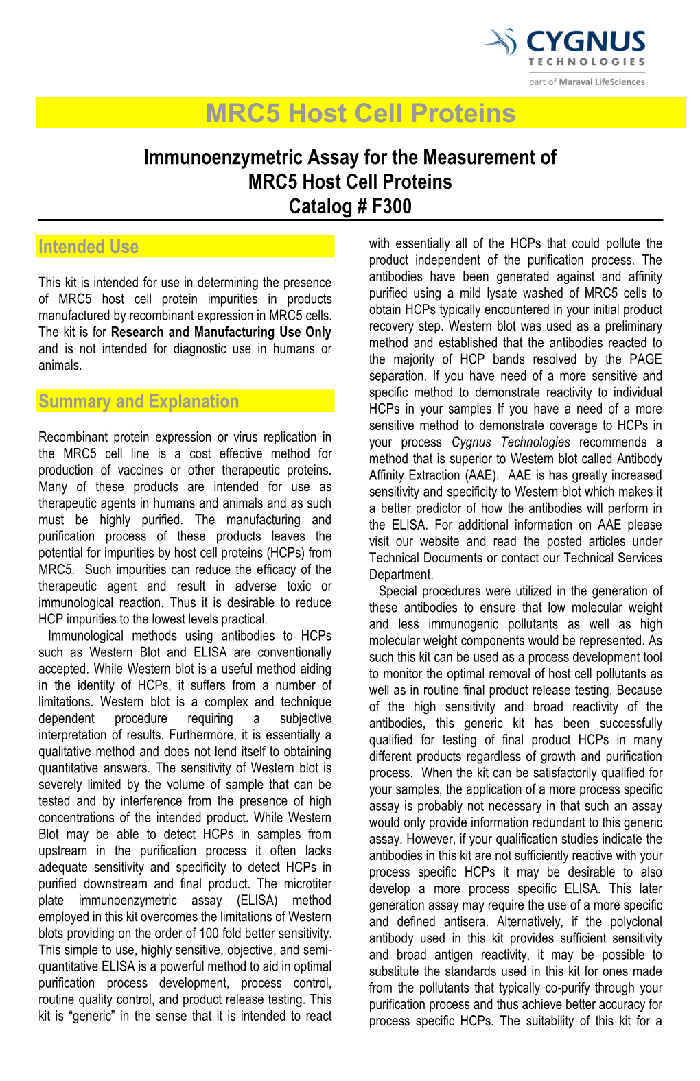 Immunoenzymetric Assay for the Measurement of MRC5 Host Cell Proteins Catalog # F300