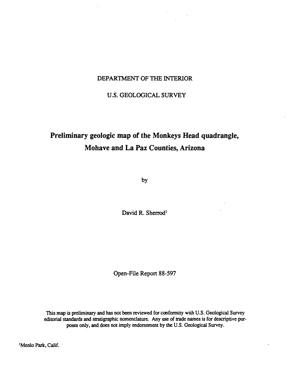 Preliminary Geologic Map of the Monkeys Head Quadrangle, Mohave and La Paz Counties, Arizona