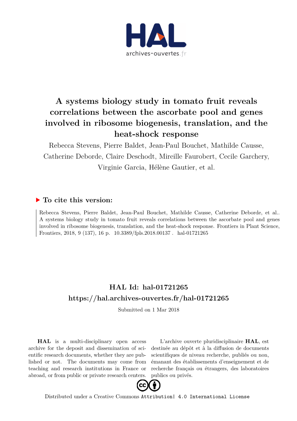 A Systems Biology Study in Tomato Fruit Reveals Correlations Between The