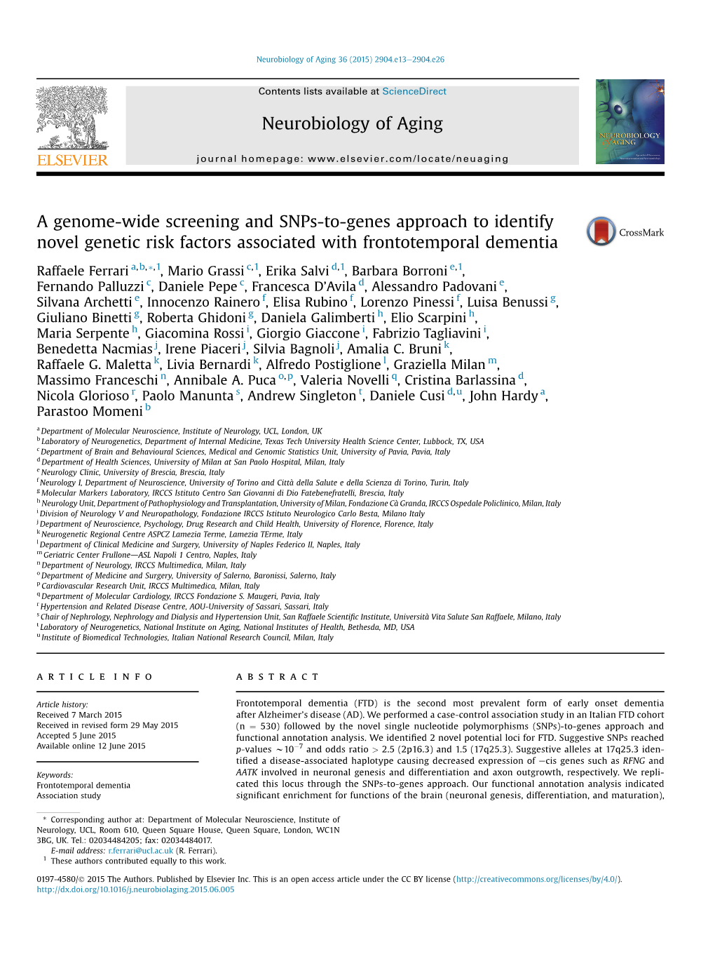 A Genome-Wide Screening and Snps-To-Genes Approach to Identify Novel Genetic Risk Factors Associated with Frontotemporal Dementia