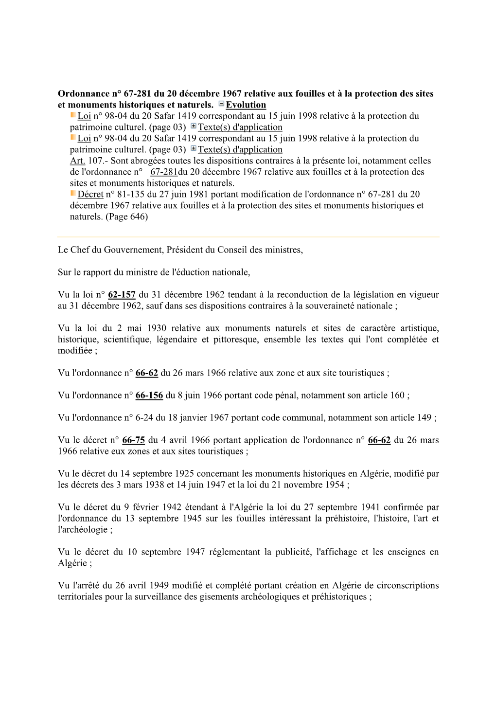 Ordonnance N° 67-281 Du 20 Décembre 1967 Relative Aux Fouilles Et À La Protection Des Sites Et Monuments Historiques Et Naturels