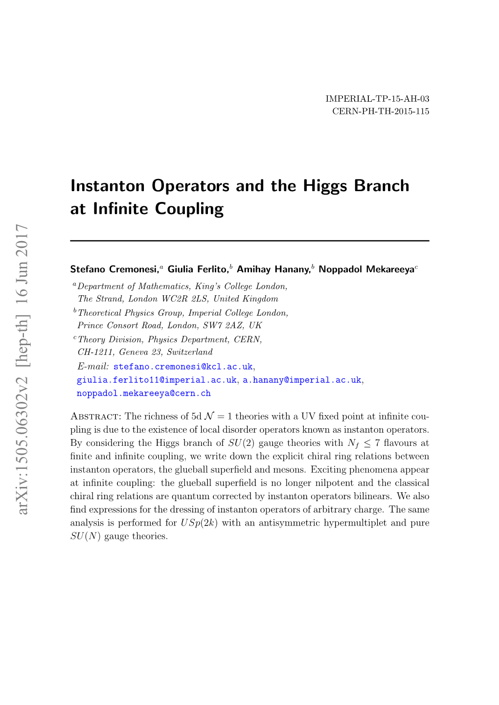 Instanton Operators and the Higgs Branch at Infinite Coupling Arxiv