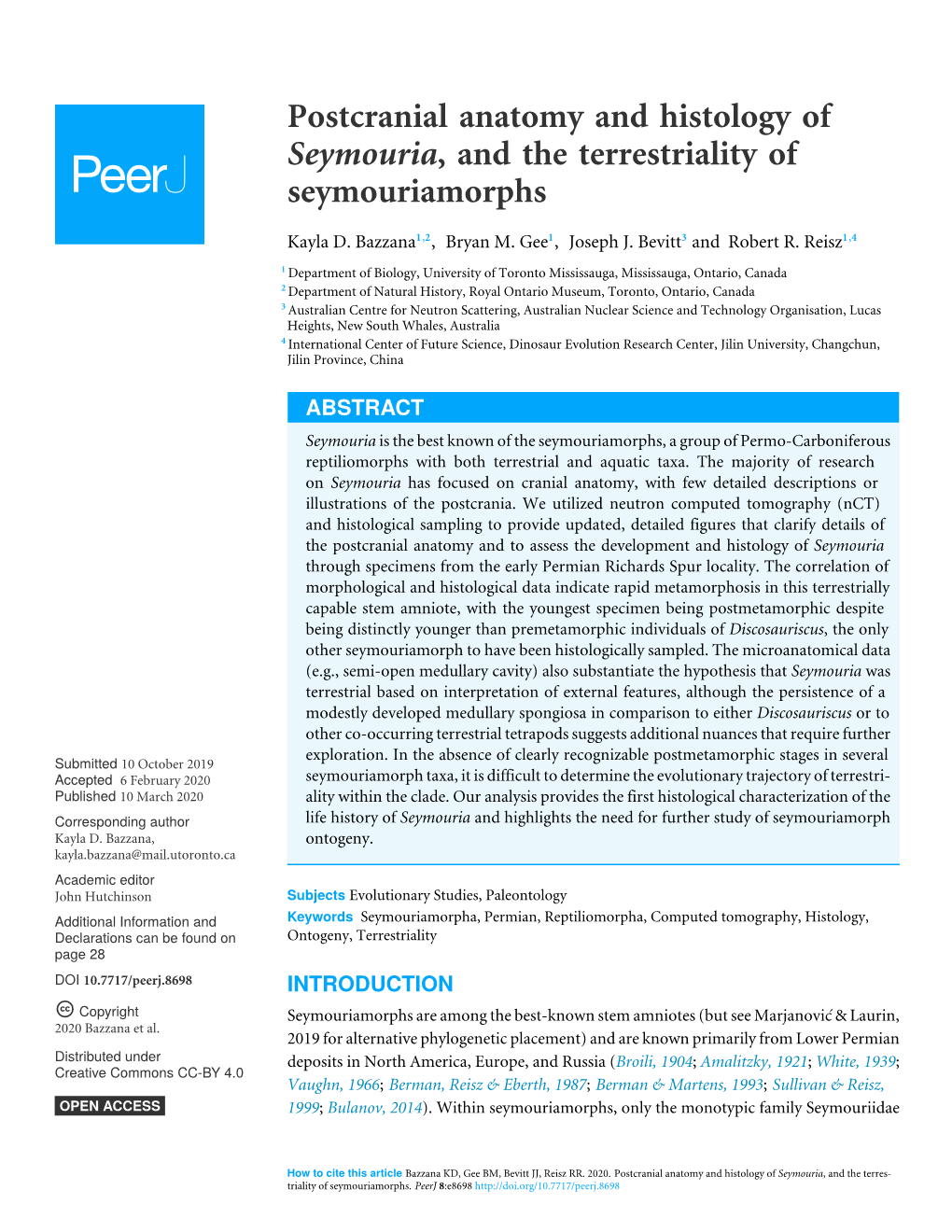 Postcranial Anatomy and Histology of Seymouria, and the Terrestriality of Seymouriamorphs