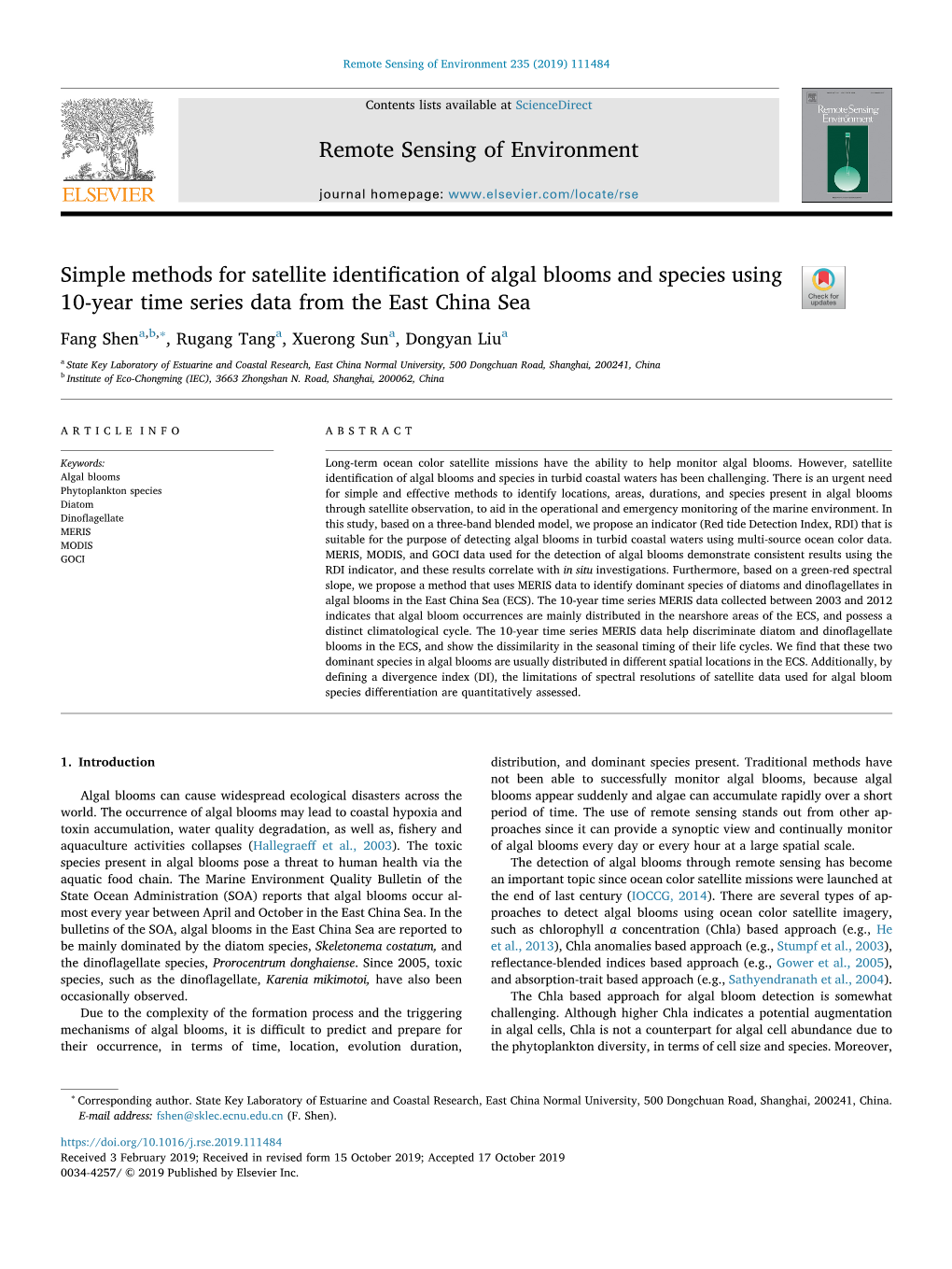 Simple Methods for Satellite Identification of Algal Blooms And