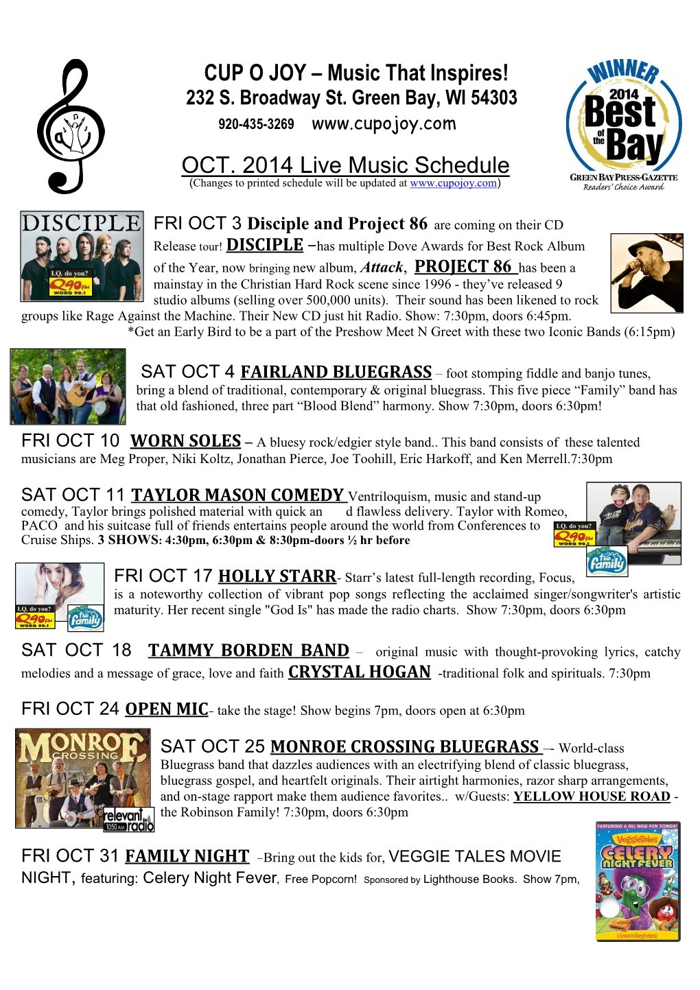 Music That Inspires! OCT. 2014 Live Music Schedule