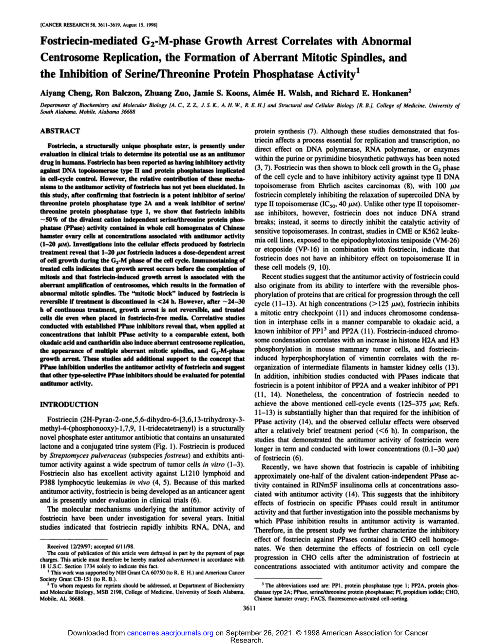 Fostriecin-Mediated G2-M-Phase Growth Arrest Correlates With