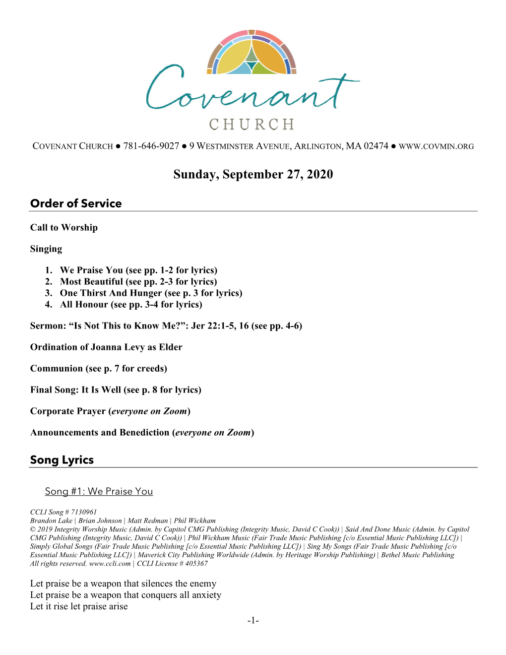 September 27, 2020 Service Handout