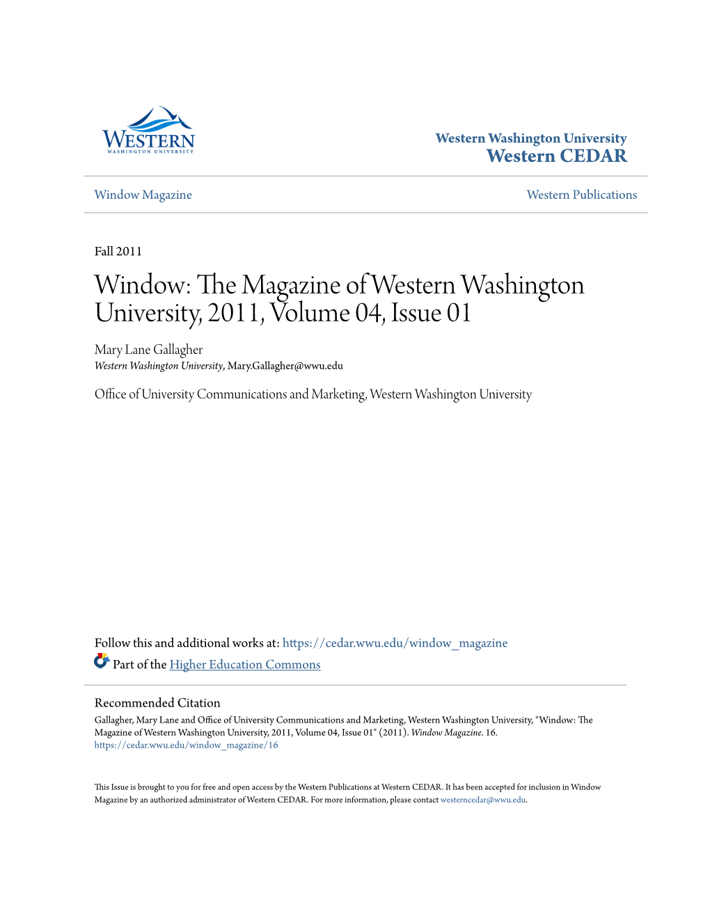 Window: the Magazine of Western Washington University, 2011, Volume 04, Issue 01" (2011)