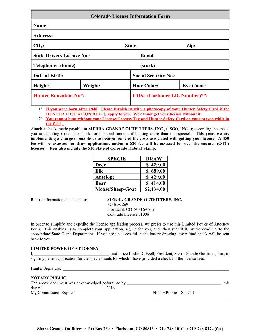 Colorado License Information Form