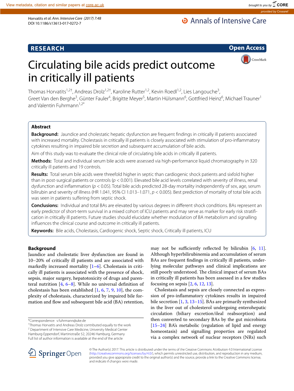 Circulating Bile Acids Predict Outcome in Critically Ill Patients