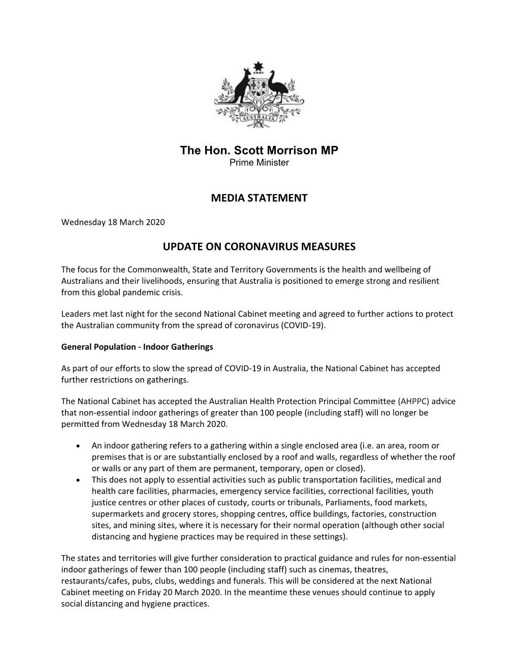 The Hon. Scott Morrison MP MEDIA STATEMENT UPDATE ON
