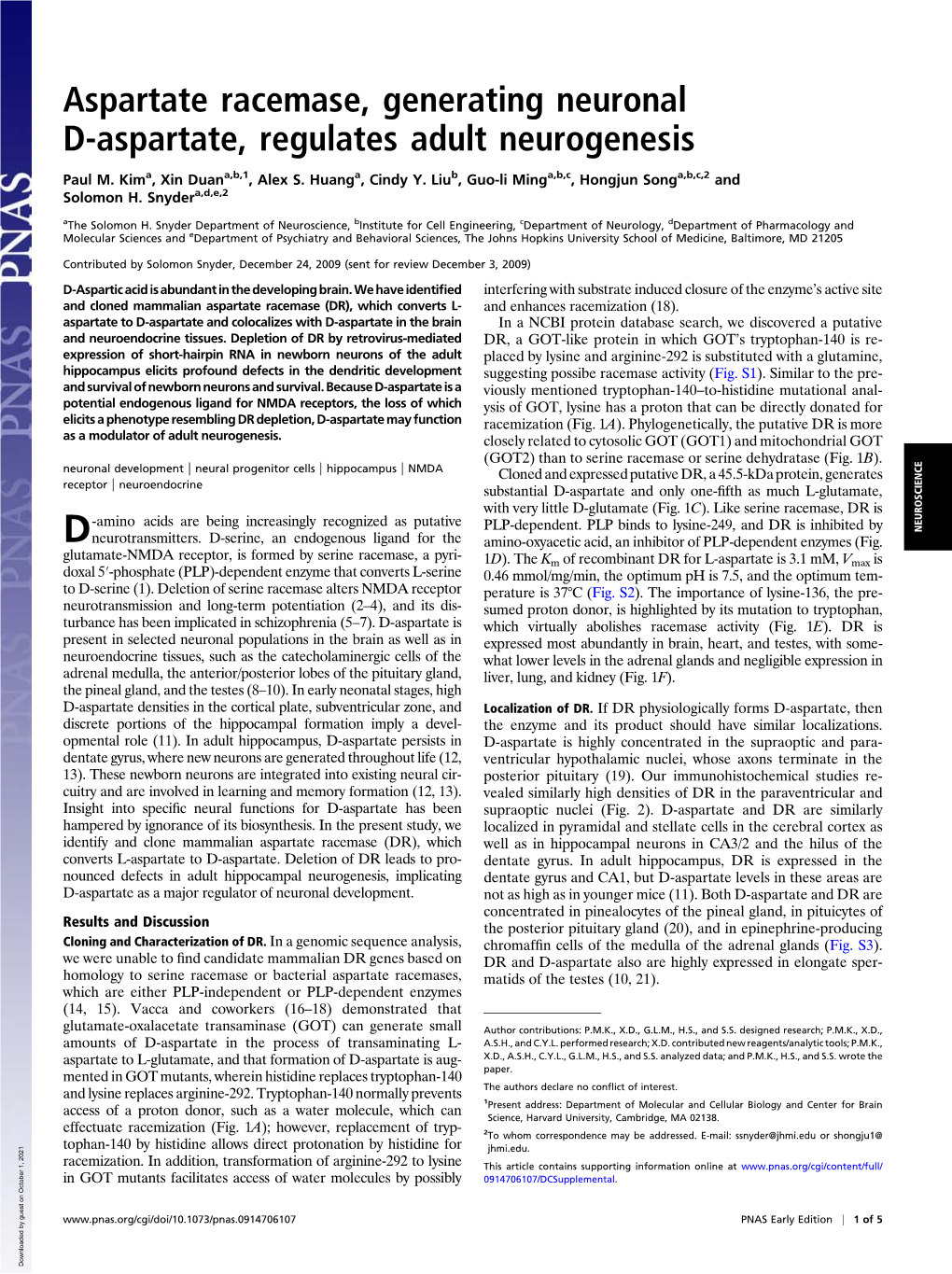 Aspartate Racemase, Generating Neuronal D-Aspartate, Regulates Adult Neurogenesis