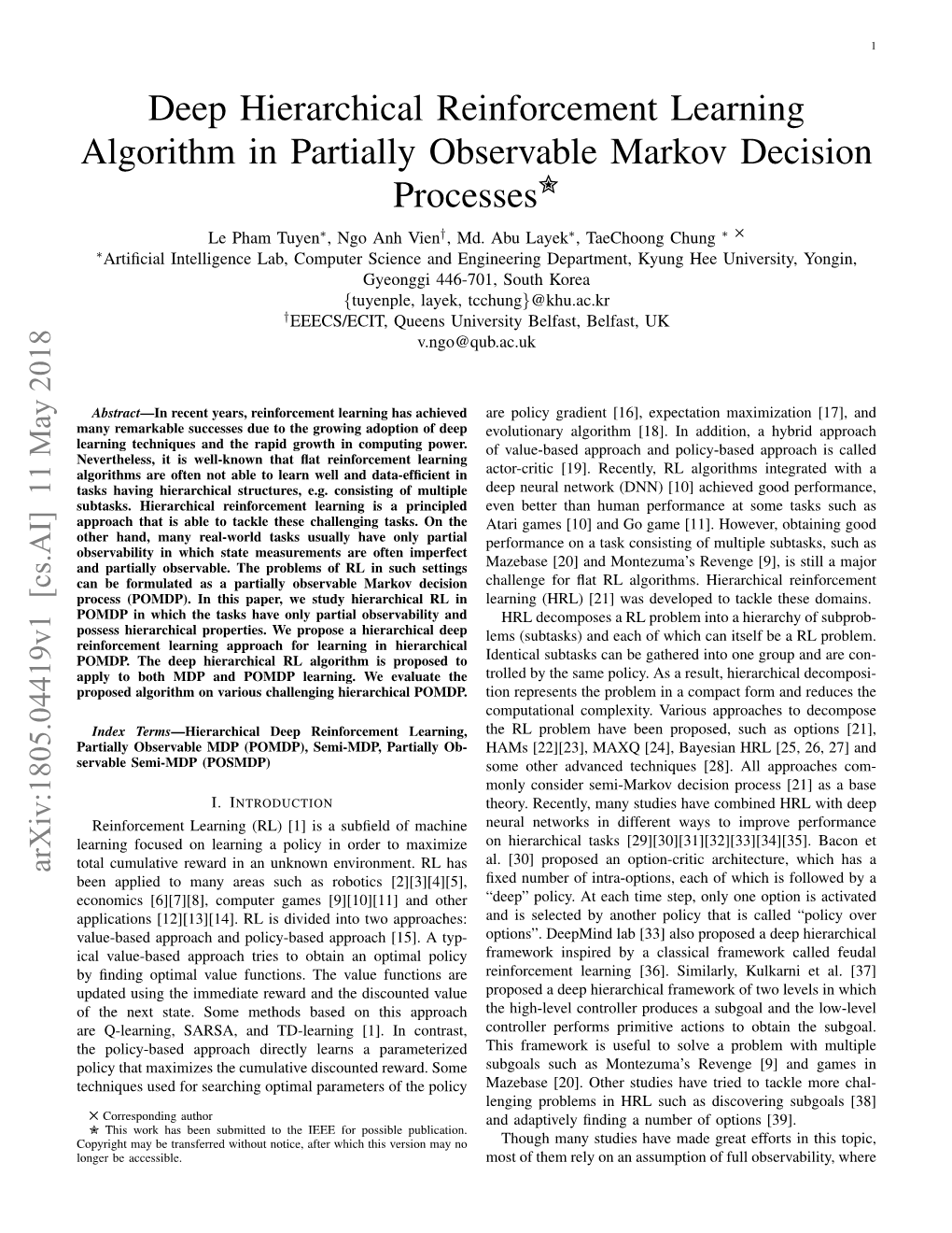 Deep Hierarchical Reinforcement Learning Algorithm in Partially Observable Markov Decision Processes) Le Pham Tuyen∗, Ngo Anh Vien†, Md