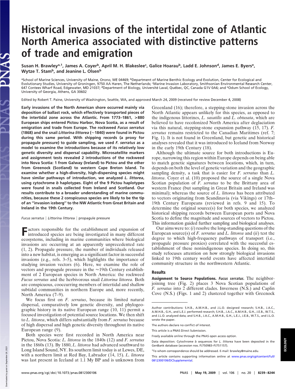 Historical Invasions of the Intertidal Zone of Atlantic North America Associated with Distinctive Patterns of Trade and Emigration