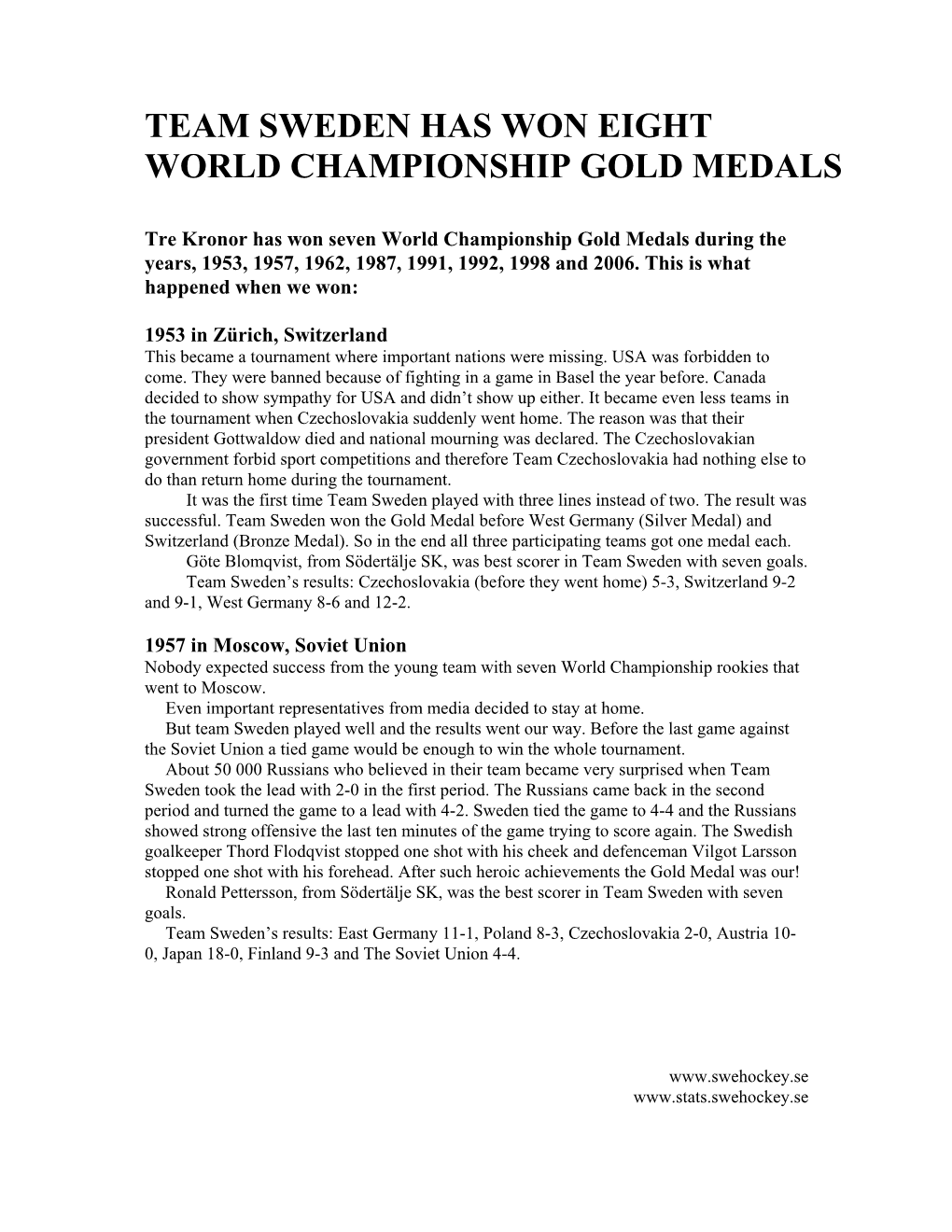 Team Sweden Has Won Eight World Championship Gold Medals