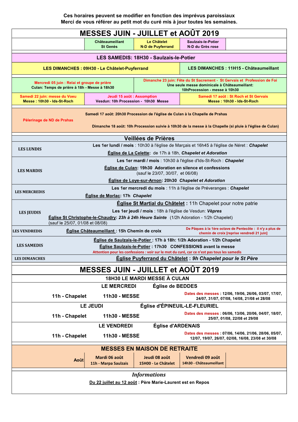 MESSES JUIN - JUILLET Et AOÛT 2019 Châteaumeillant Le Châtelet Saulzais-Le-Potier St Genès N-D De Puyferrand N-D Du Grès Rose