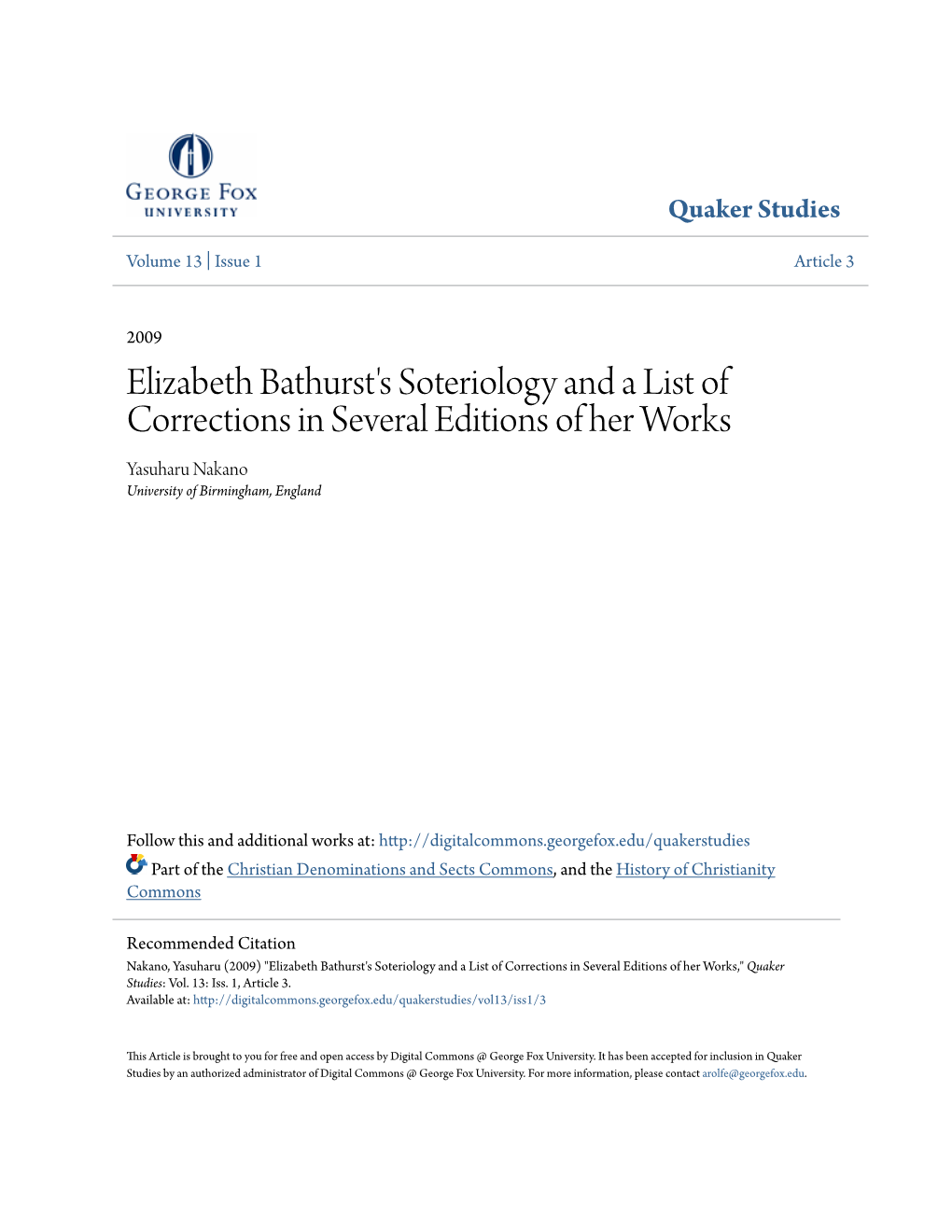 Elizabeth Bathurst's Soteriology and a List of Corrections in Several Editions of Her Works Yasuharu Nakano University of Birmingham, England