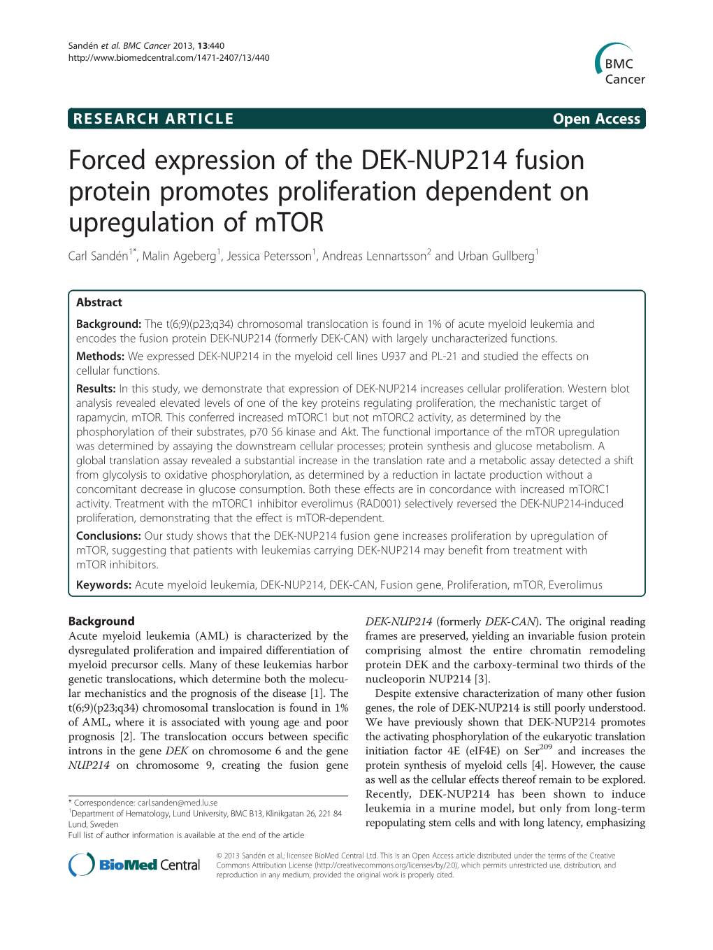 Forced Expression of the DEK-NUP214 Fusion Protein