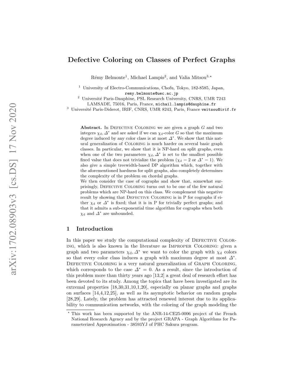 Defective Coloring on Classes of Perfect Graphs