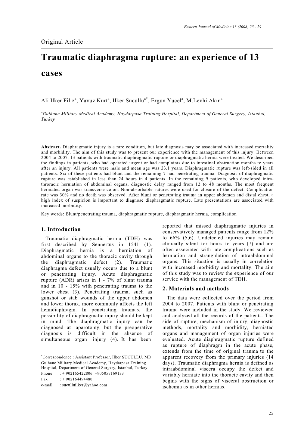 Traumatic Diaphragma Rupture: an Experience of 13 Cases