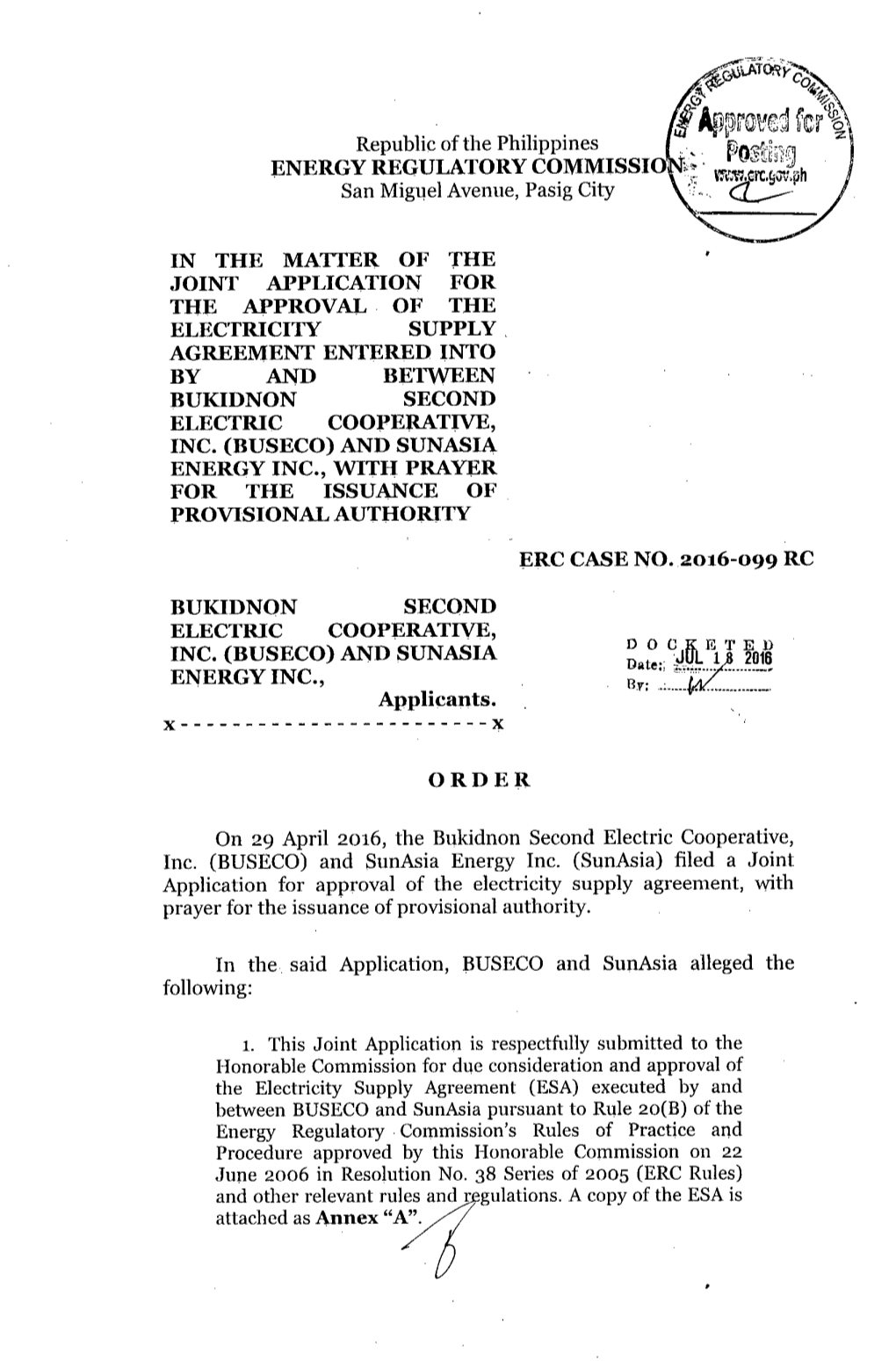 Order, ERC Case No. 2016-099 RC