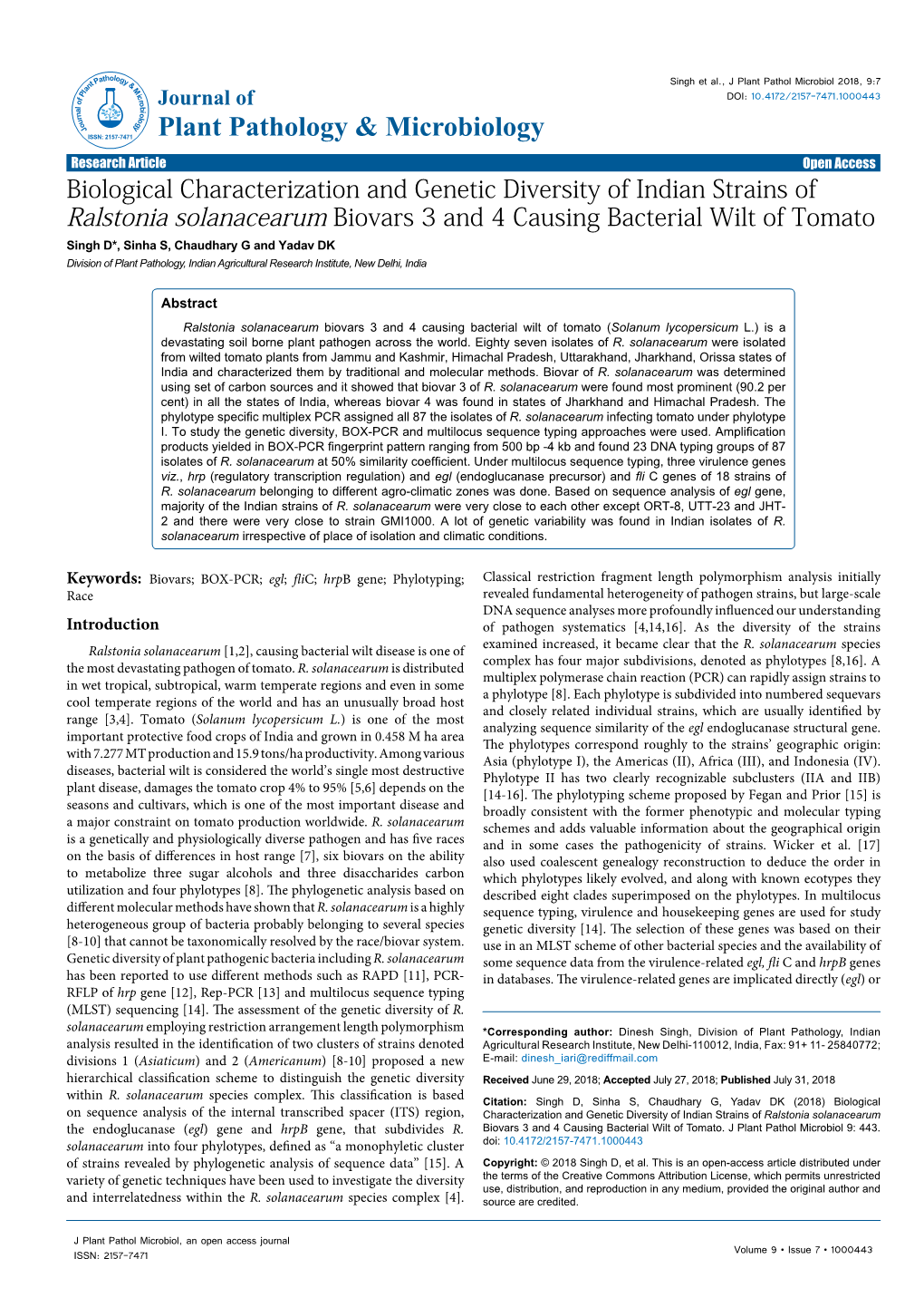 Biological Characterization and Genetic Diversity of Indian Strains