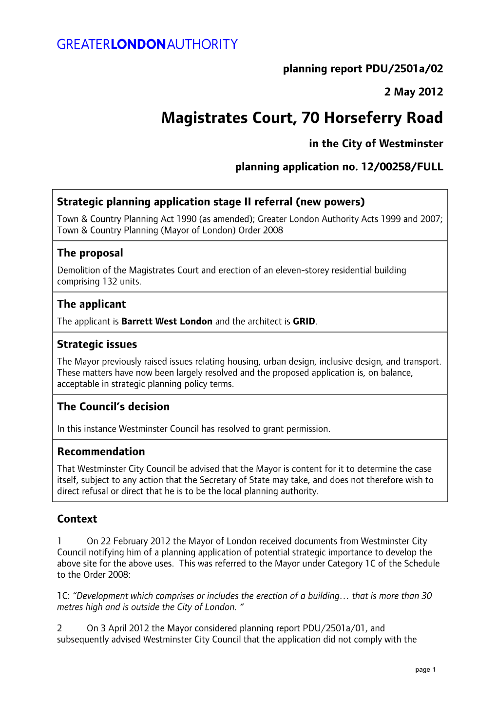 Magistrates Court, 70 Horseferry Road in the City of Westminster Planning Application No