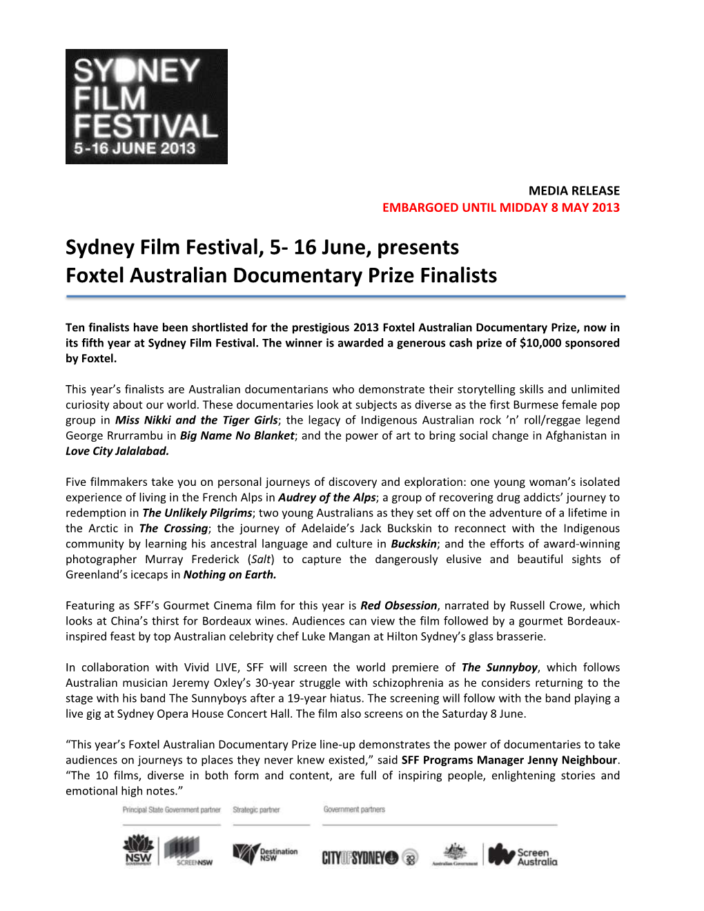 16 June, Presents Foxtel Australian Documentary Prize Finalists