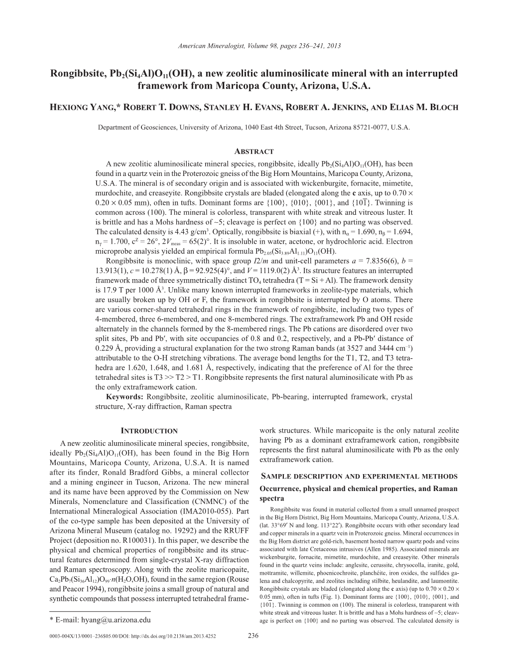 Rongibbsite, Pb2(Si4al)O11(OH), a New Zeolitic Aluminosilicate Mineral with an Interrupted Framework from Maricopa County, Arizona, U.S.A