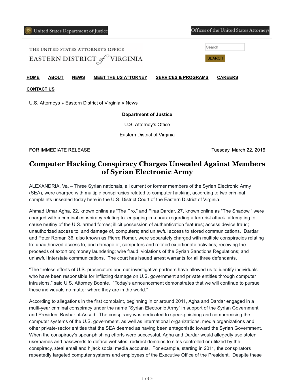 Computer Hacking Conspiracy Charges Unsealed Against Members of Syrian Electronic Army