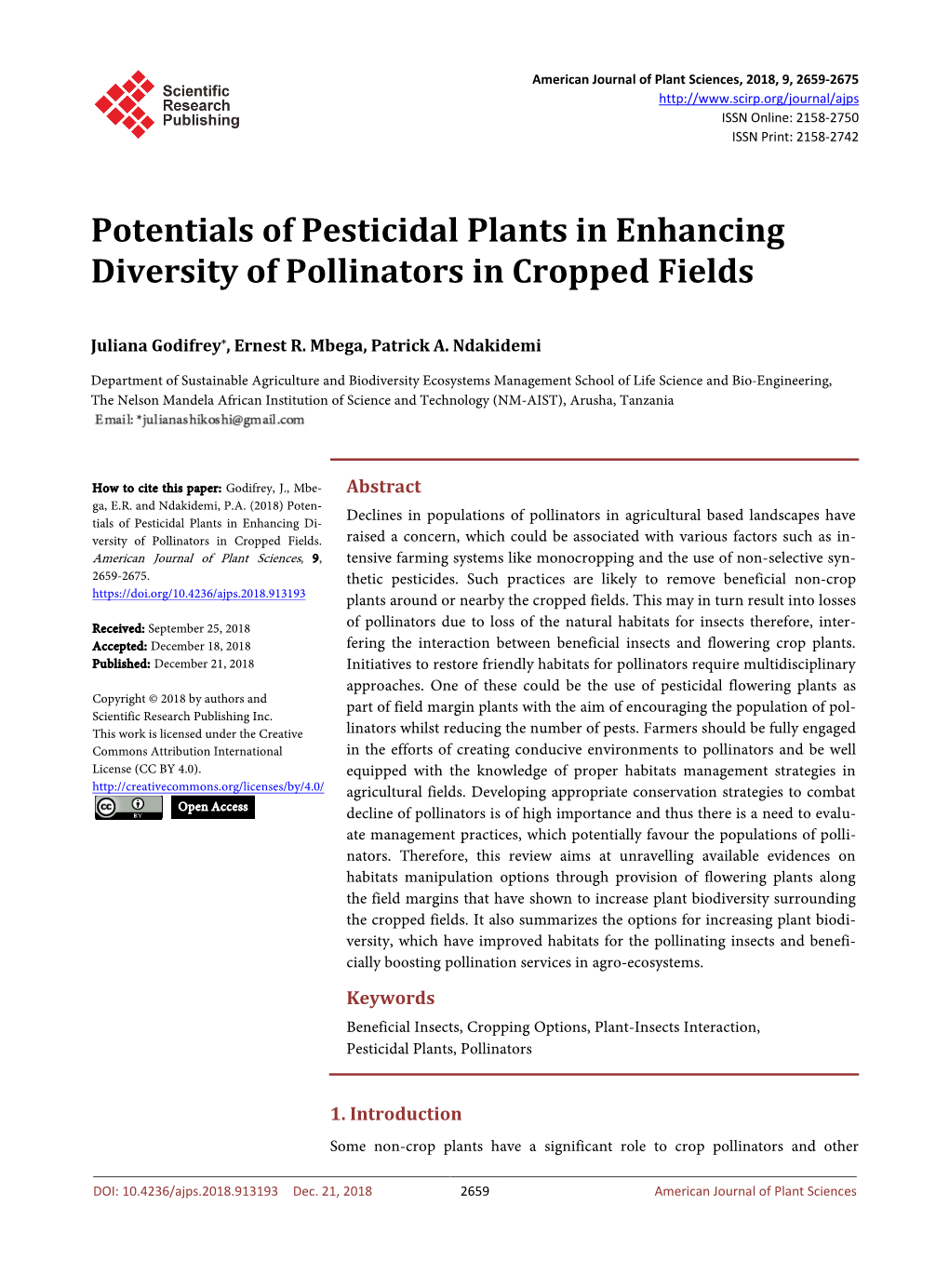 Potentials of Pesticidal Plants in Enhancing Diversity of Pollinators in Cropped Fields