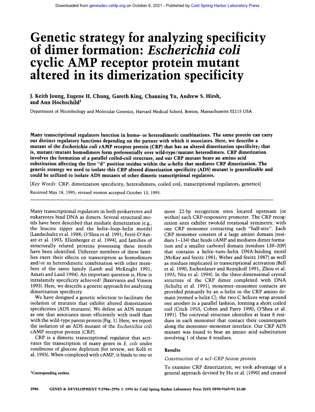 Genetic Strategy for Analyzin Specificity of Dimer Formation: Escheric Aia Coli Vclic AMP Receptor Protein Mutant .S Dimerization Specificity