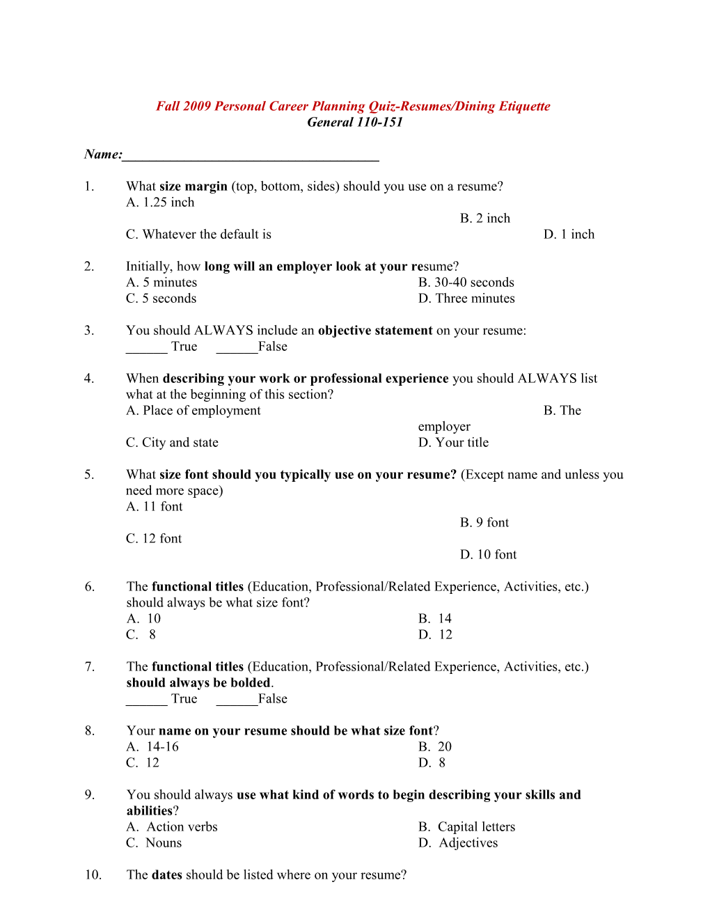 Personal Career Planning Quiz 2