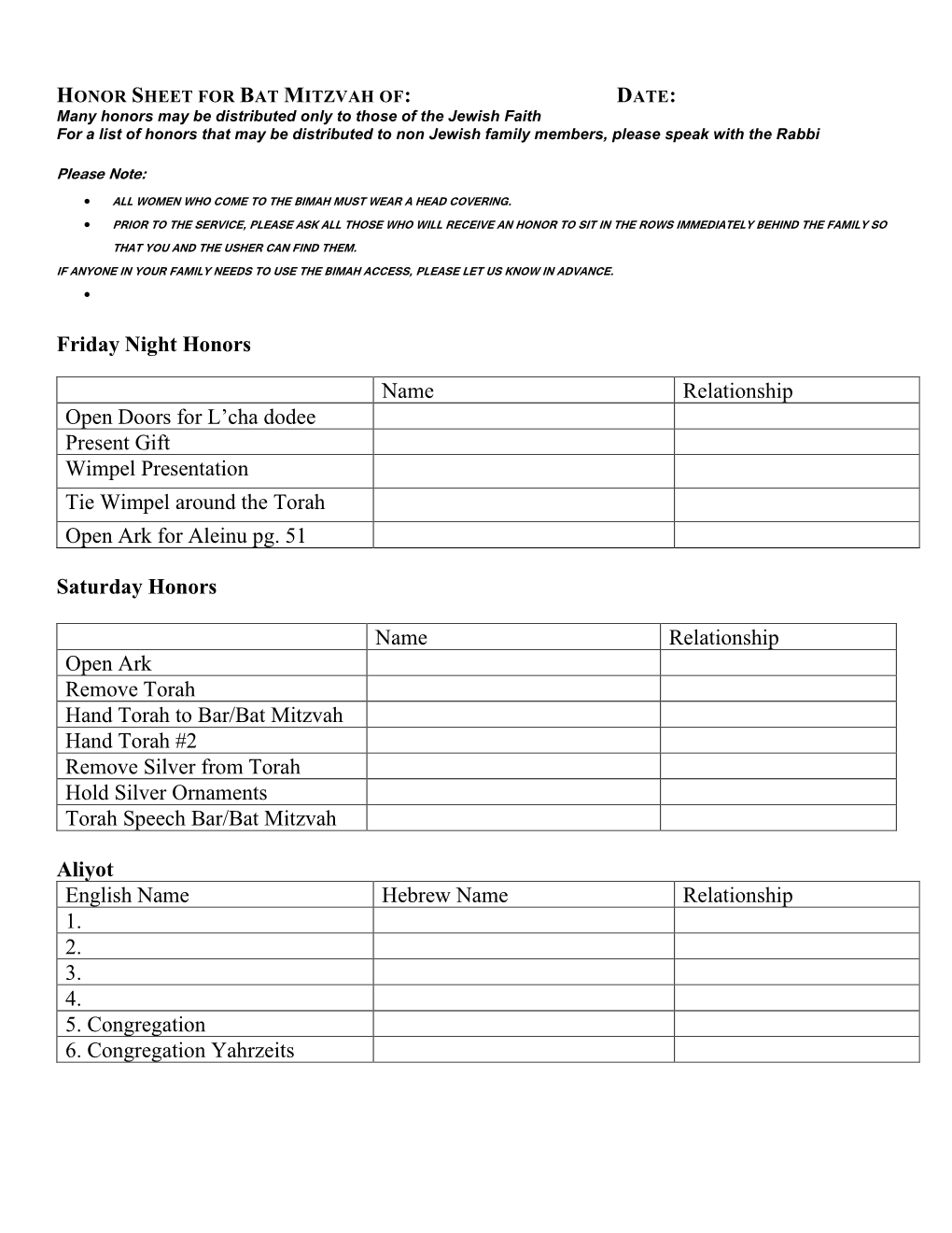 Honor Sheet Form for 2 Torahs